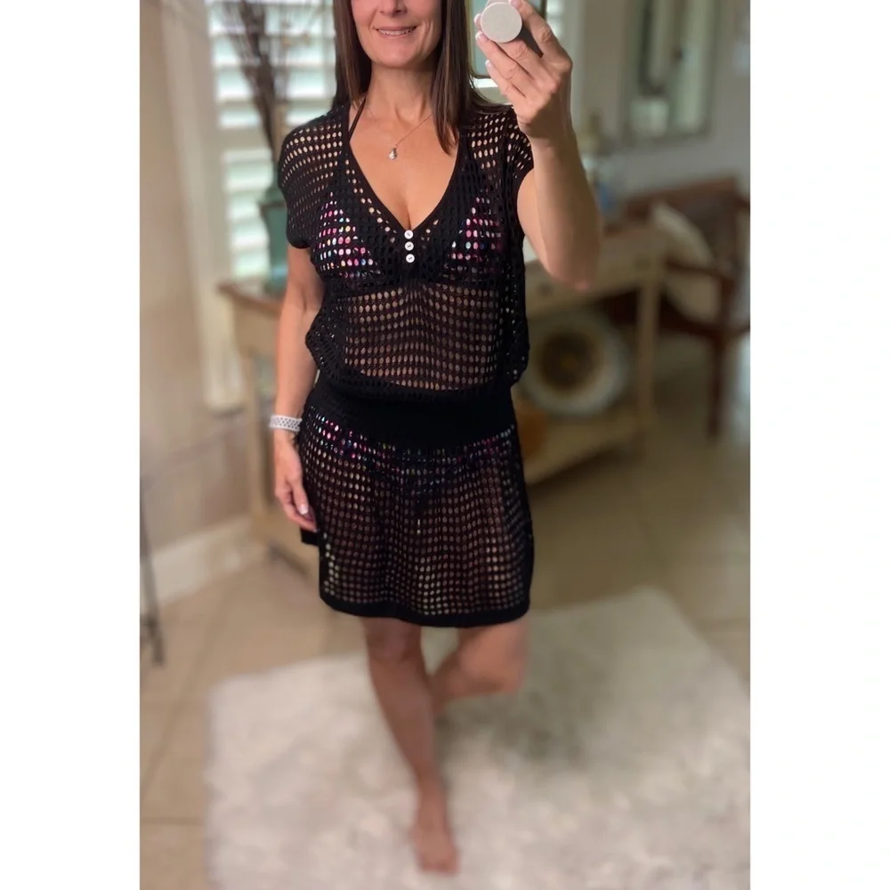 Crochet Mesh Mini Beach Swimsuit Lightweight Cover Up Black 2222